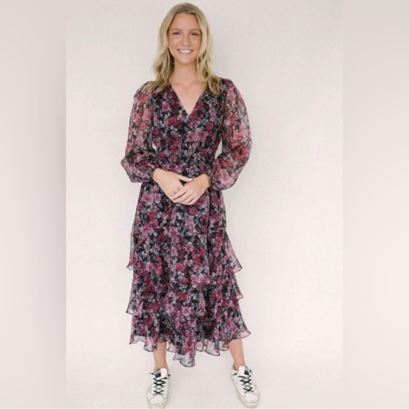 Lucy Paris Women's Claire Floral-Print Tiered Midi Dress Size L NWT - Picture 1 of 15